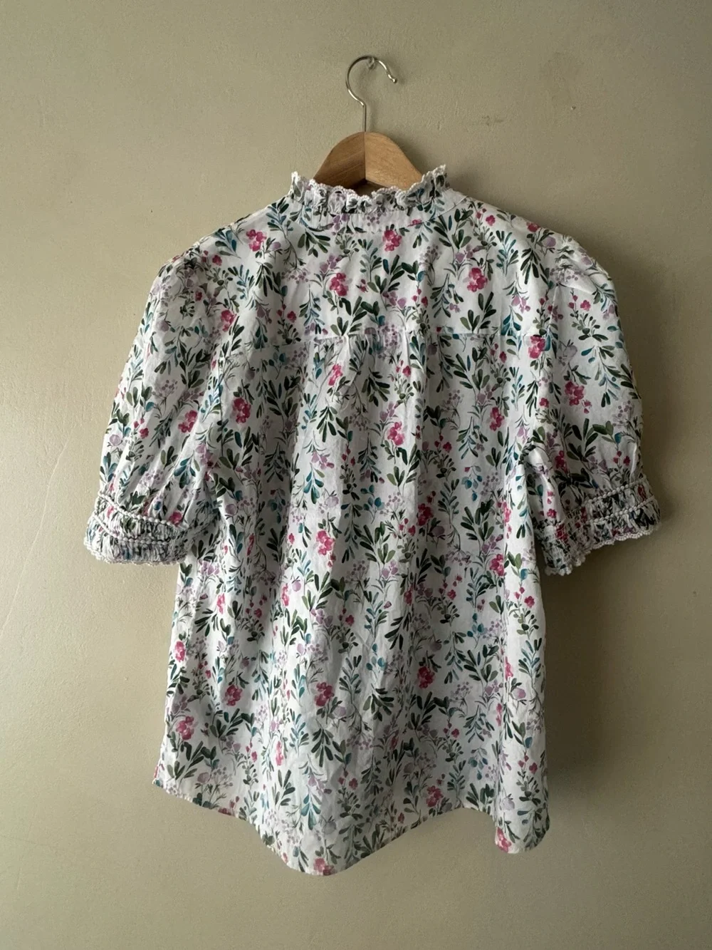 J. Crew White Floral Smocked Yoke Puff Sleeve Blouse